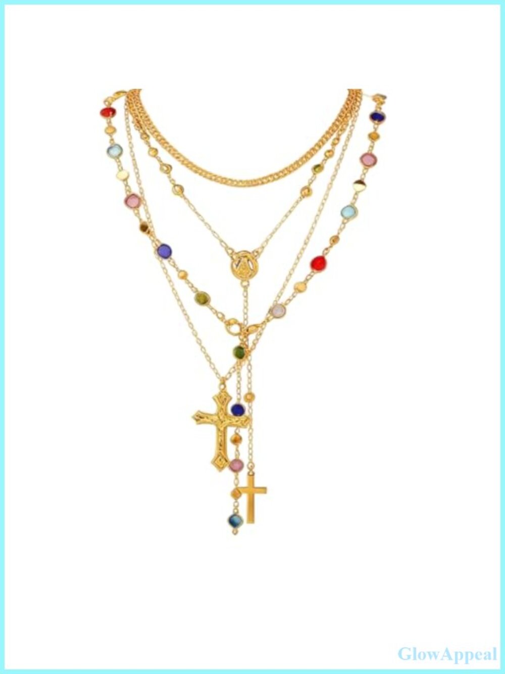 Layered Gold Necklace Set Pearl Bead Cross Pendant 4 Piece